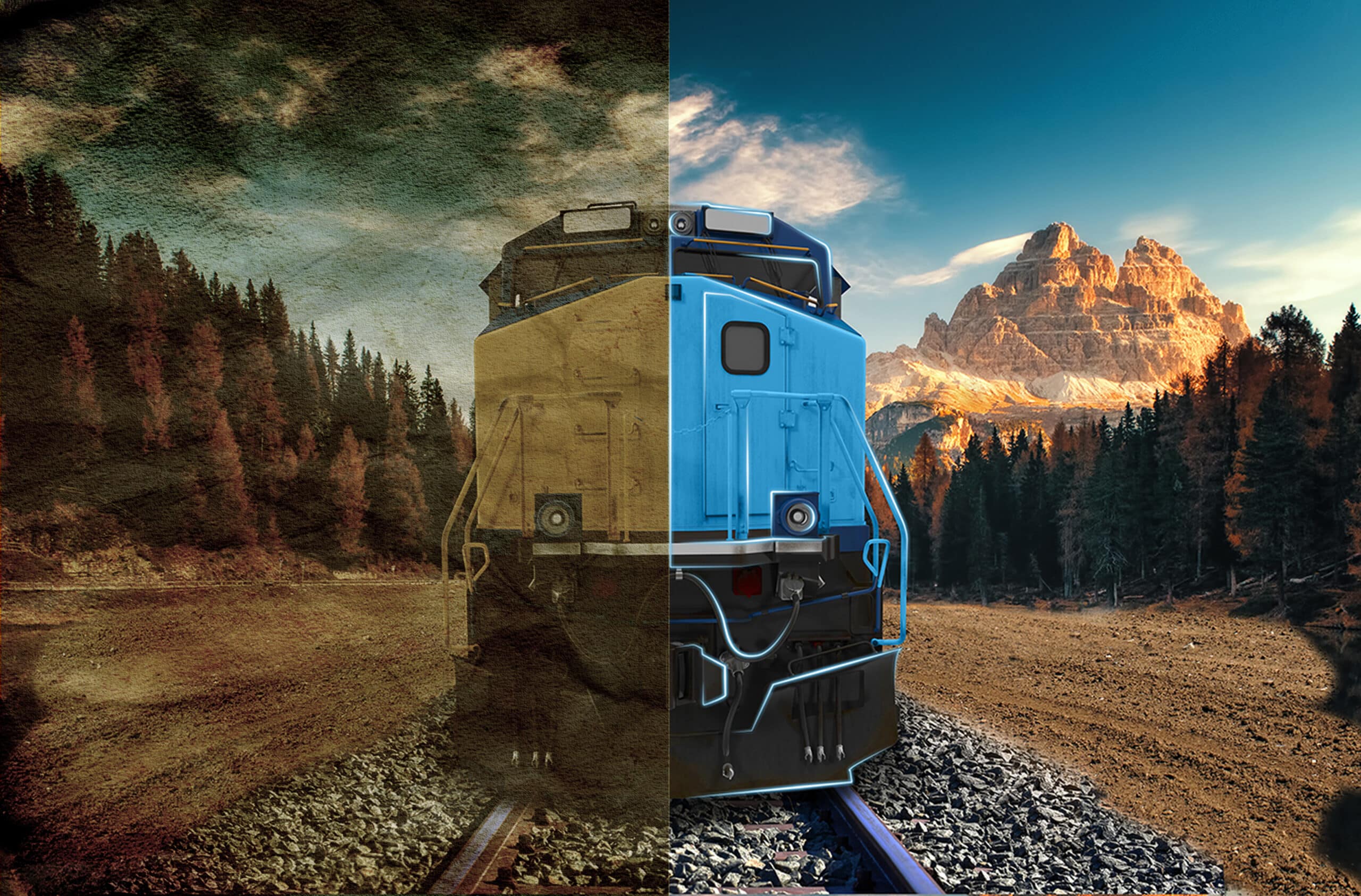 Train on track with split vintage and modern filter
