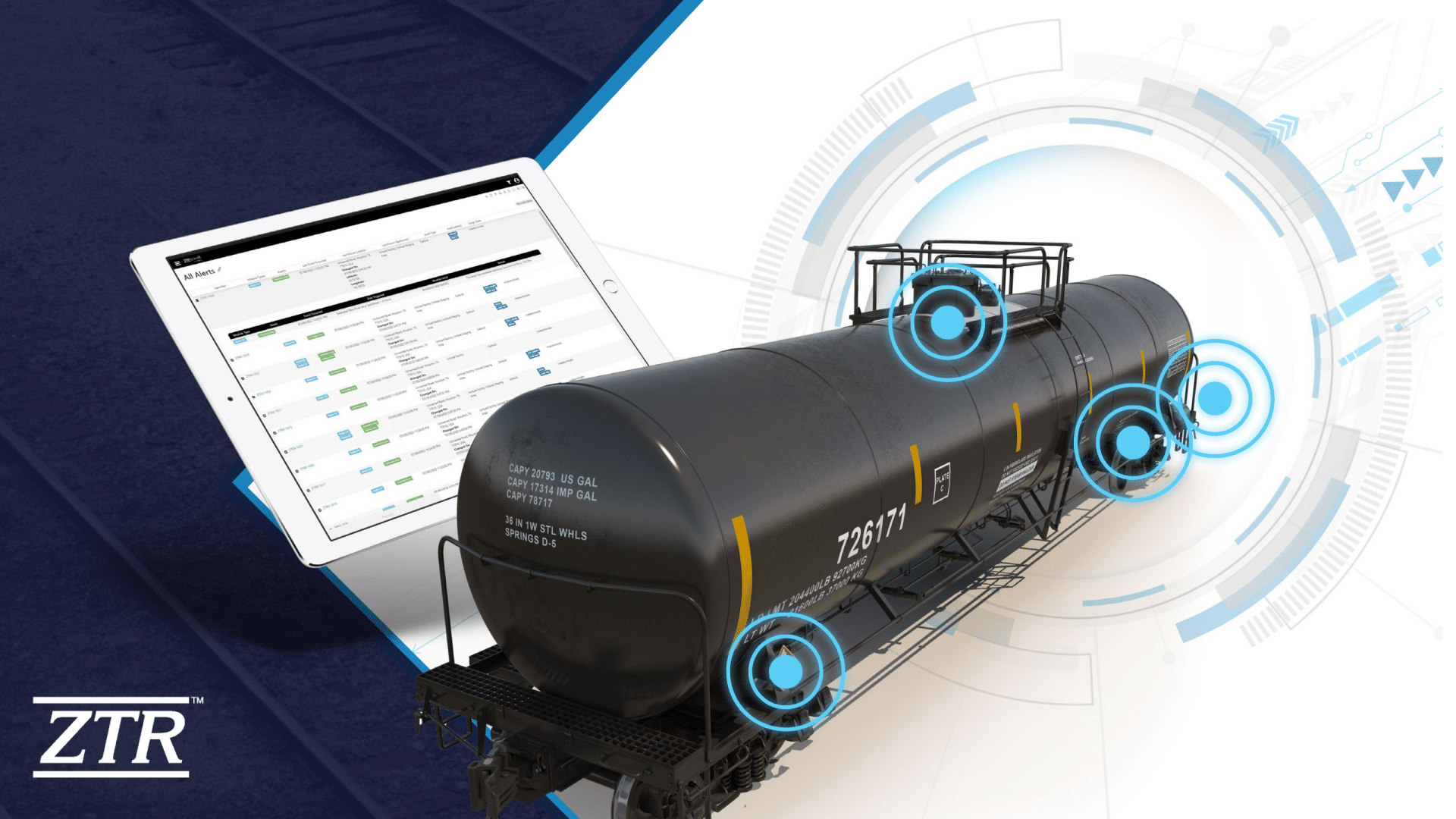 Freight management technology displaying tablet and train car.