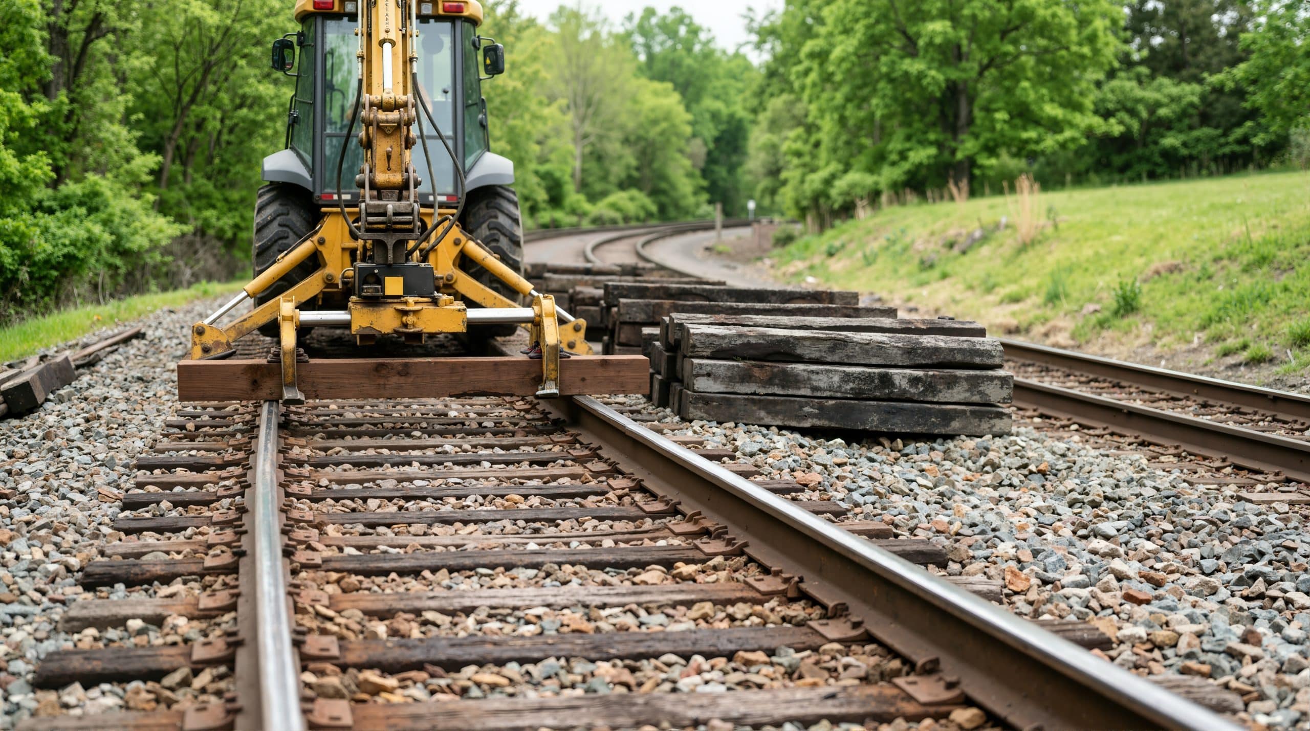 yellow excavator replacing wooden railroad ties on a railway track. train track maintenance and repair work. industrial construction concept