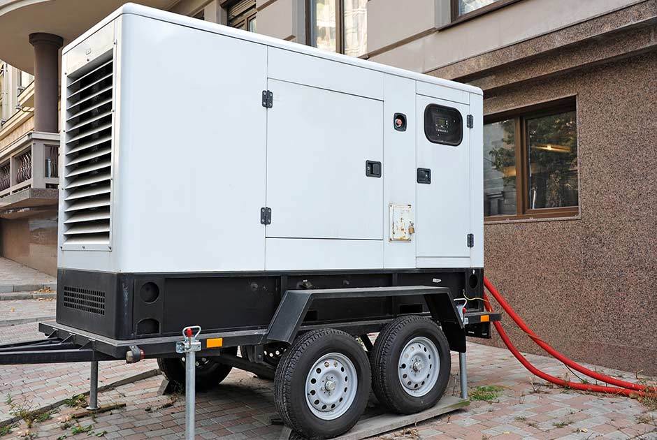 Mobile generator trailer near building exterior