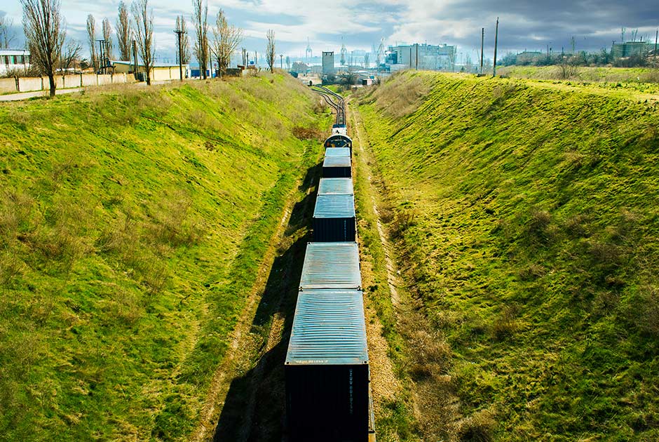 Freight train on grass-covered railway track.