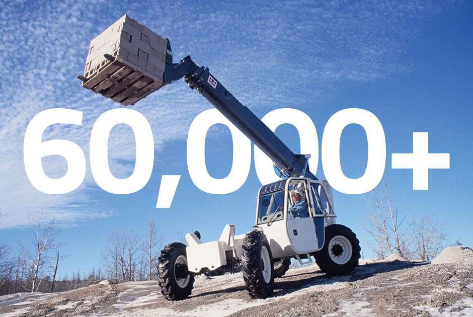 Crane lifting pallet with 60,000+ text overlay.